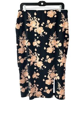 Pact floral Midi Skirt pencil L light black tan cream organic cotton blend NWT
